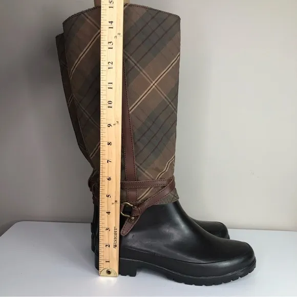 Sperry Top- Sider Women's Brown Plaid Rubber Knee High Riding Rain Boots 7