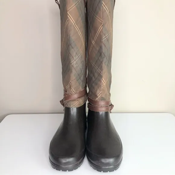 Sperry Top- Sider Women's Brown Plaid Rubber Knee High Riding Rain Boots 7