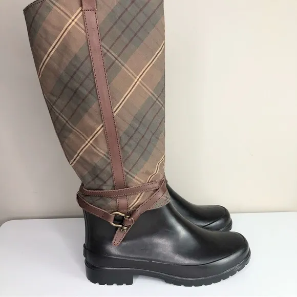 Sperry Top- Sider Women's Brown Plaid Rubber Knee High Riding Rain Boots 7