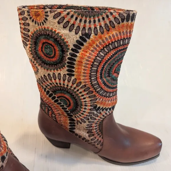 SPRING STEP L'Artiste Peru Brown Embroidered Patterned Women's Boots Boho Size40