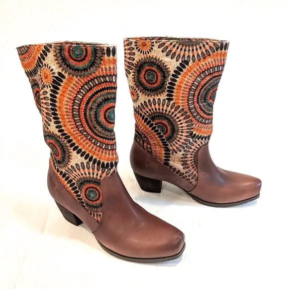 SPRING STEP L'Artiste Peru Brown Embroidered Patterned Women's Boots Boho Size40