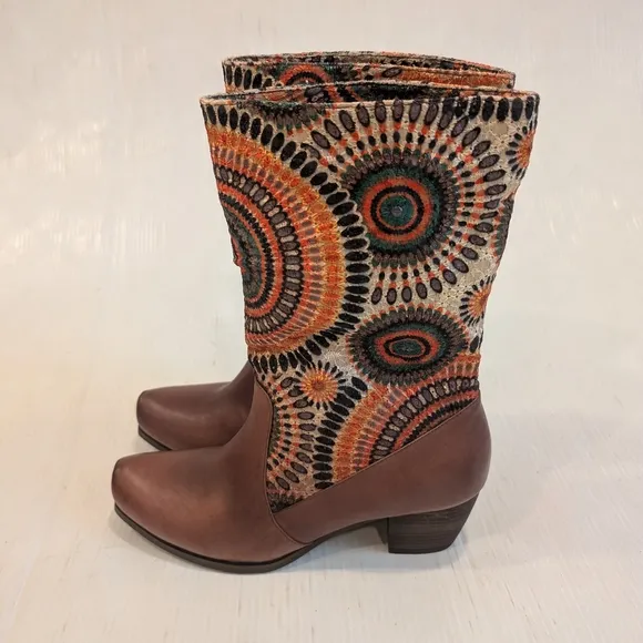 SPRING STEP L'Artiste Peru Brown Embroidered Patterned Women's Boots Boho Size40