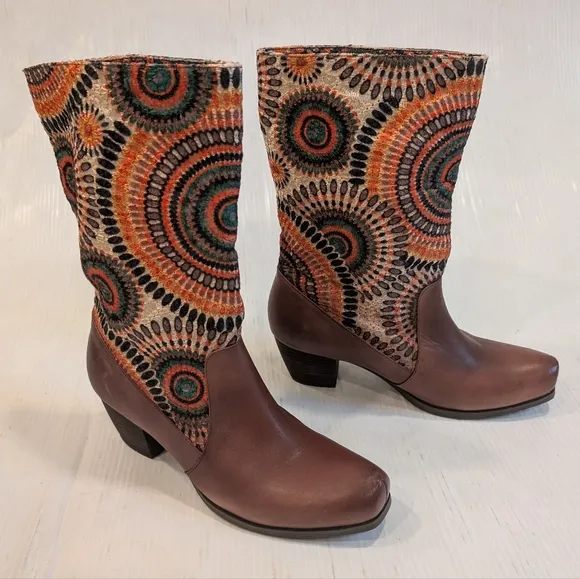 SPRING STEP L'Artiste Peru Brown Embroidered Patterned Women's Boots Boho Size40