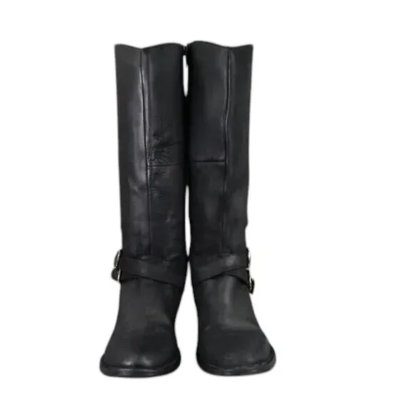 Steve Madden Shoes Womens 6 Boots Riding Tall Leather Moto Buckle Black Classic