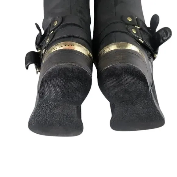 Steve Madden Shoes Womens 6 Boots Riding Tall Leather Moto Buckle Black Classic