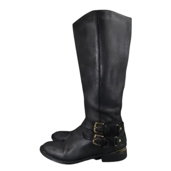 Steve Madden Shoes Womens 6 Boots Riding Tall Leather Moto Buckle Black Classic