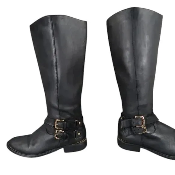 Steve Madden Shoes Womens 6 Boots Riding Tall Leather Moto Buckle Black Classic