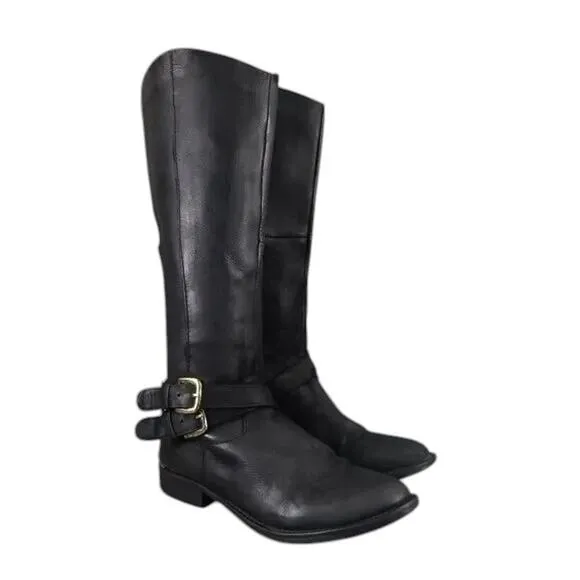 Steve Madden Shoes Womens 6 Boots Riding Tall Leather Moto Buckle Black Classic