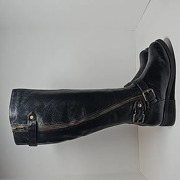 Steve Madden Synicle Boots Knee High Tall Moto Equestrian Black Leather Heel 6.5