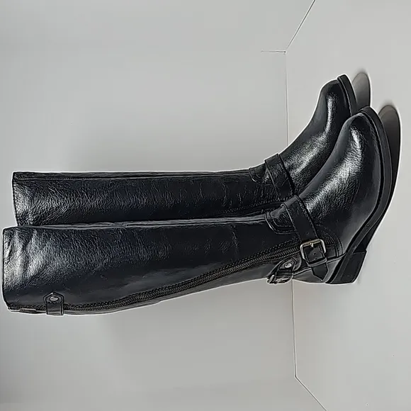 Steve Madden Synicle Boots Knee High Tall Moto Equestrian Black Leather Heel 6.5