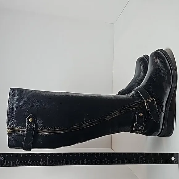 Steve Madden Synicle Boots Knee High Tall Moto Equestrian Black Leather Heel 6.5