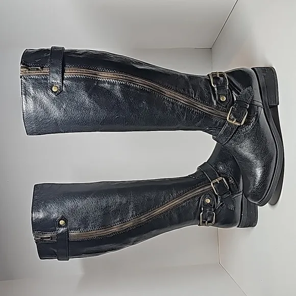 Steve Madden Synicle Boots Knee High Tall Moto Equestrian Black Leather Heel 6.5