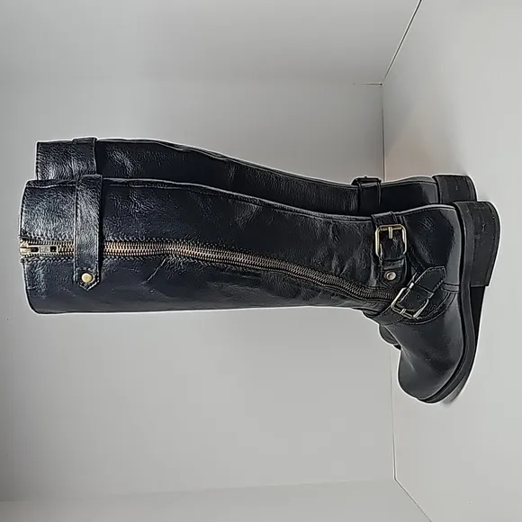 Steve Madden Synicle Boots Knee High Tall Moto Equestrian Black Leather Heel 6.5