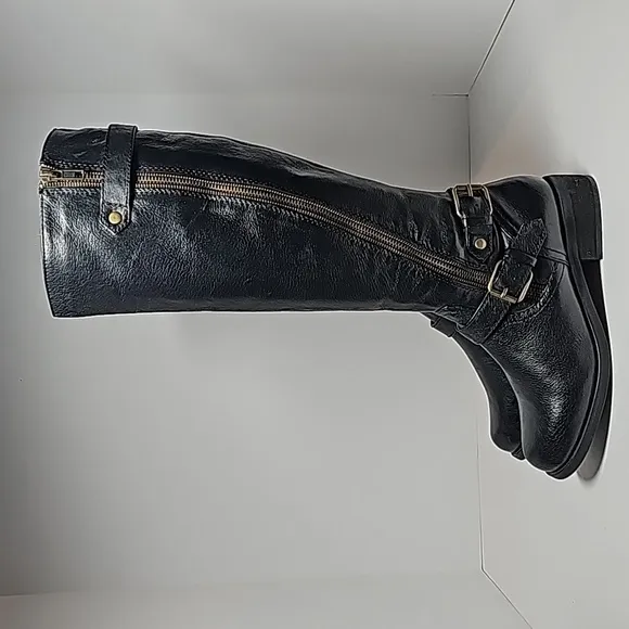 Steve Madden Synicle Boots Knee High Tall Moto Equestrian Black Leather Heel 6.5