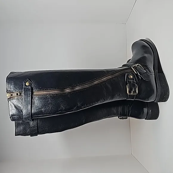 Steve Madden Synicle Boots Knee High Tall Moto Equestrian Black Leather Heel 6.5