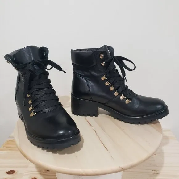 Steven by Steve Madden Grenada Hiking Boots Size 9 Black Leather Lace up Moto