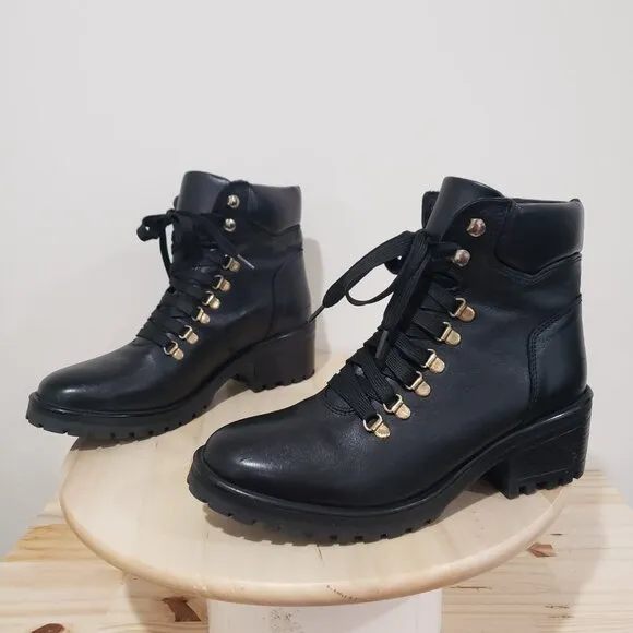 Steven by Steve Madden Grenada Hiking Boots Size 9 Black Leather Lace up Moto