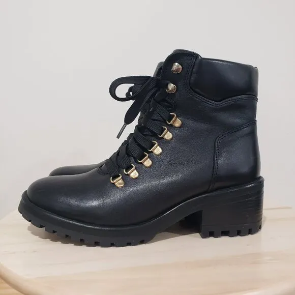 Steven by Steve Madden Grenada Hiking Boots Size 9 Black Leather Lace up Moto