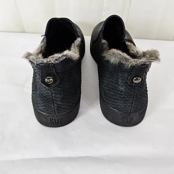 Stuart Weitzman Black Leather And Gray Faux Fur Slip on Sneakers Size 7