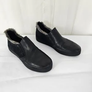 Stuart Weitzman Black Leather And Gray Faux Fur Slip on Sneakers Size 7