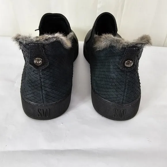 Stuart Weitzman Black Leather And Gray Faux Fur Slip on Sneakers Size 7