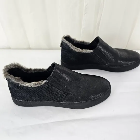 Stuart Weitzman Black Leather And Gray Faux Fur Slip on Sneakers Size 7