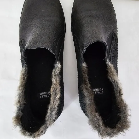 Stuart Weitzman Black Leather And Gray Faux Fur Slip on Sneakers Size 7