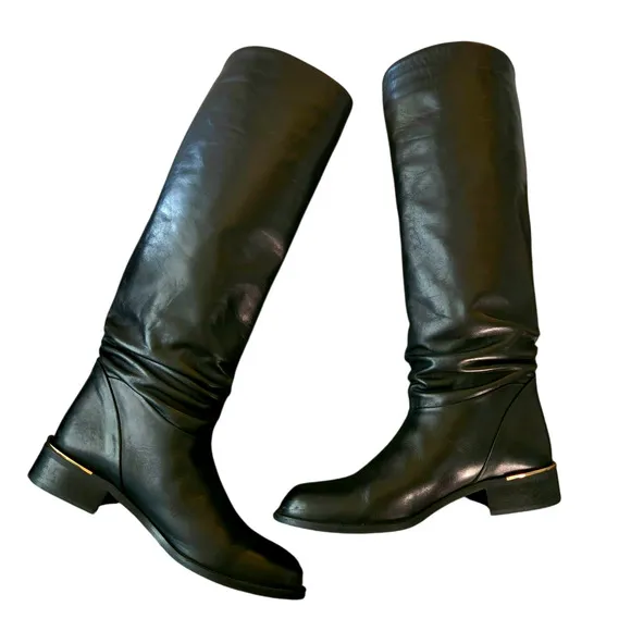 Sudini Randy Tall Riding Boot Black Gold Size 8.5 Italian Gathered Low Heel