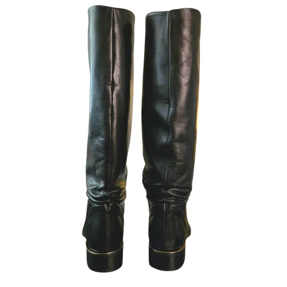Sudini Randy Tall Riding Boot Black Gold Size 8.5 Italian Gathered Low Heel