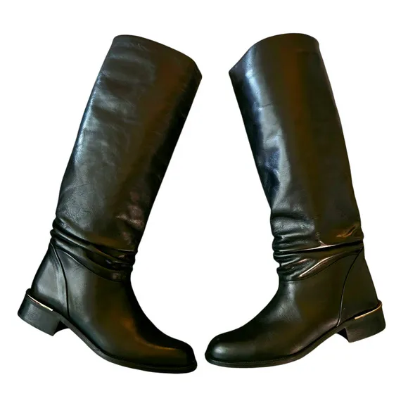 Sudini Randy Tall Riding Boot Black Gold Size 8.5 Italian Gathered Low Heel