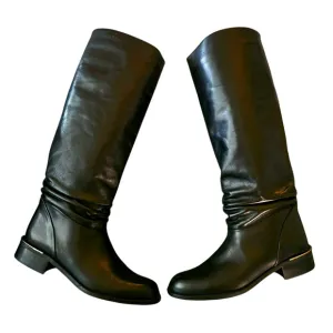 Sudini Randy Tall Riding Boot Black Gold Size 8.5 Italian Gathered Low Heel
