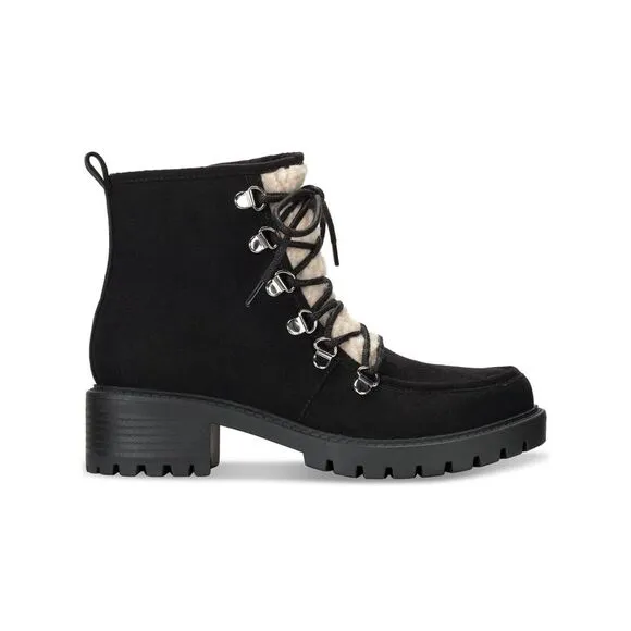 SUN STONE Womens Black Up Apron Faux Shearling Trim Quiinn Winter Boots 7.5 M