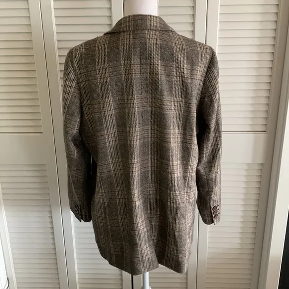 Talbots Long Wool Blend Glen Plaid Blazer Women’s Brown Tan Black Classic Sz 16