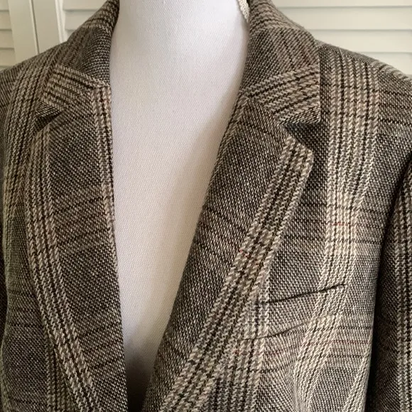 Talbots Long Wool Blend Glen Plaid Blazer Women’s Brown Tan Black Classic Sz 16