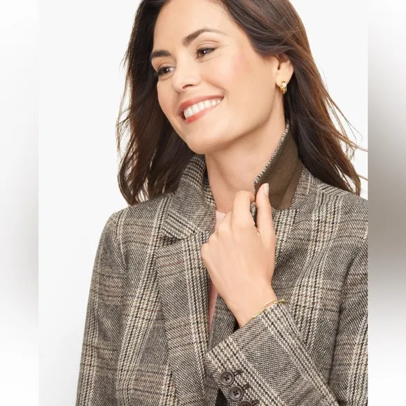 Talbots Long Wool Blend Glen Plaid Blazer Women’s Brown Tan Black Classic Sz 16