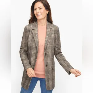 Talbots Long Wool Blend Glen Plaid Blazer Women’s Brown Tan Black Classic Sz 16