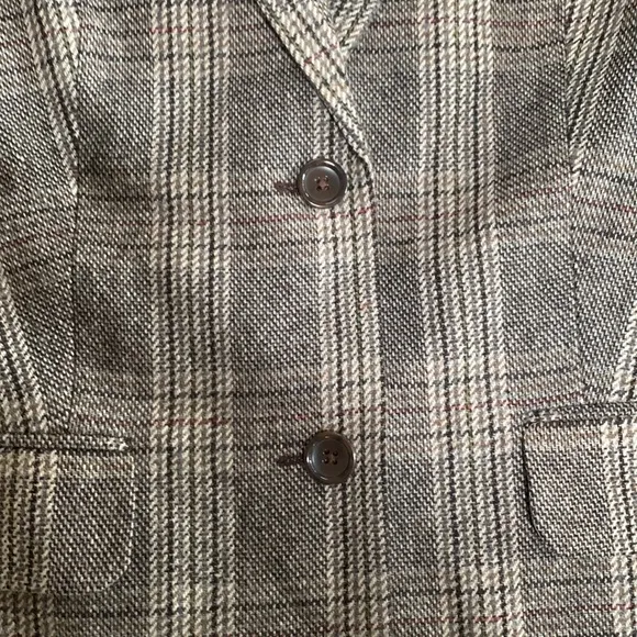 Talbots Long Wool Blend Glen Plaid Blazer Women’s Brown Tan Black Classic Sz 16