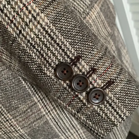 Talbots Long Wool Blend Glen Plaid Blazer Women’s Brown Tan Black Classic Sz 16