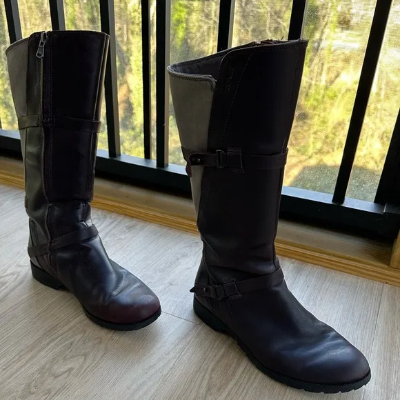 TEVA De La Vina Tall Waterproof Colorblock Brown Maroon Leather Riding Boots ~ 8