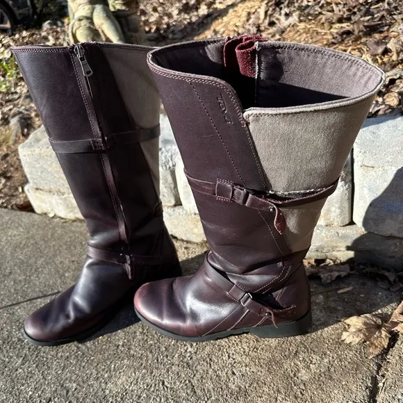 TEVA De La Vina Tall Waterproof Colorblock Brown Maroon Leather Riding Boots ~ 8
