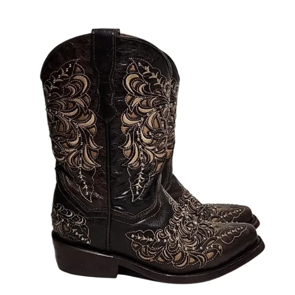 Texas‎ Country Kids Brown Leather Floral Embroidered Western Boots Size 13