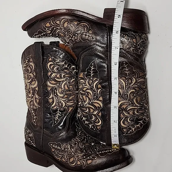 Texas‎ Country Kids Brown Leather Floral Embroidered Western Boots Size 13