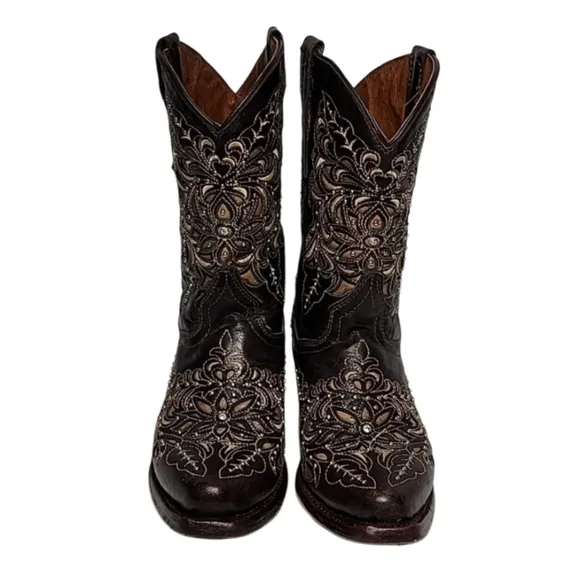 Texas‎ Country Kids Brown Leather Floral Embroidered Western Boots Size 13