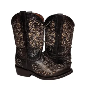 Texas‎ Country Kids Brown Leather Floral Embroidered Western Boots Size 13