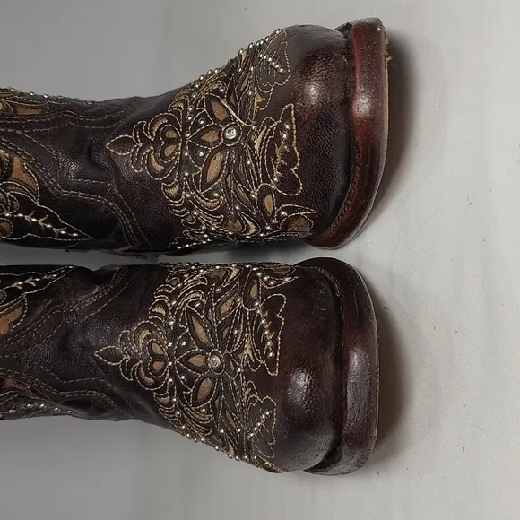Texas‎ Country Kids Brown Leather Floral Embroidered Western Boots Size 13