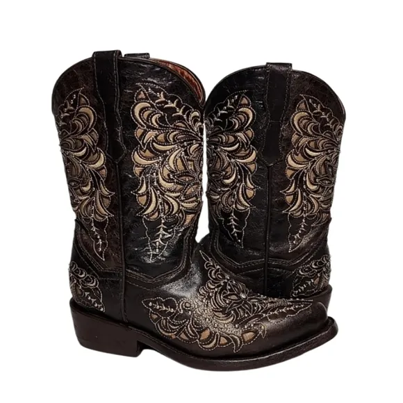 Texas‎ Country Kids Brown Leather Floral Embroidered Western Boots Size 13
