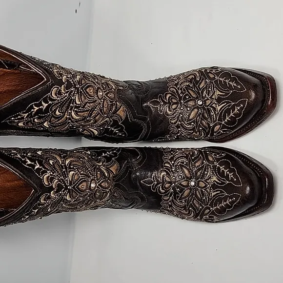 Texas‎ Country Kids Brown Leather Floral Embroidered Western Boots Size 13