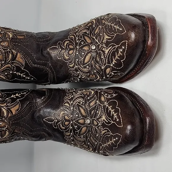 Texas‎ Country Kids Brown Leather Floral Embroidered Western Boots Size 13