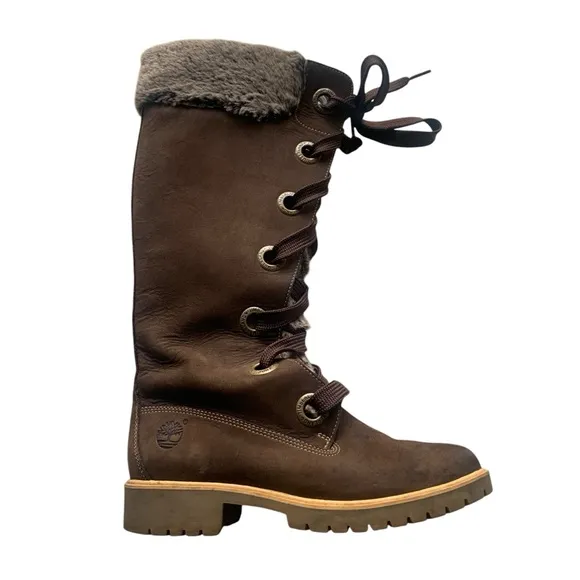 Timberland 7.5 Women's Brown Faux Fur-Lined Lace-Up Mirney Winter Warm Boots