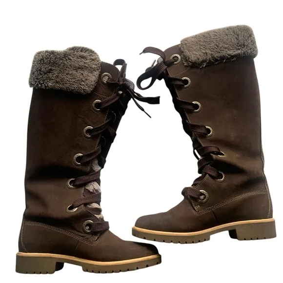 Timberland 7.5 Women's Brown Faux Fur-Lined Lace-Up Mirney Winter Warm Boots